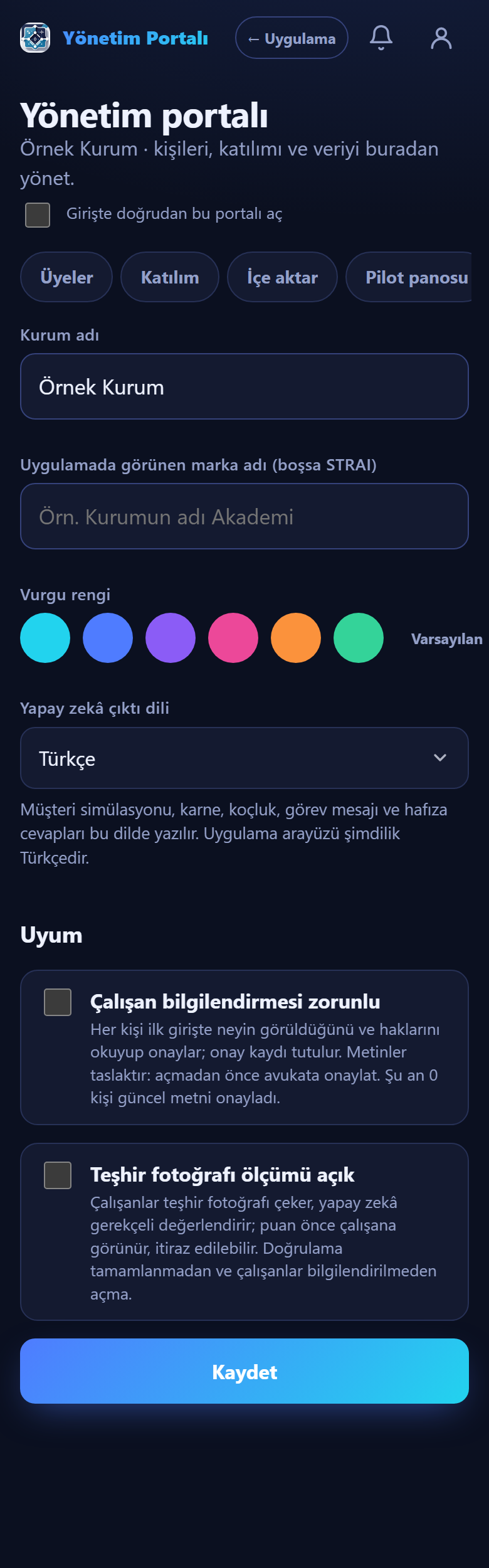 Yönetim Portalı Ayarlar sekmesi