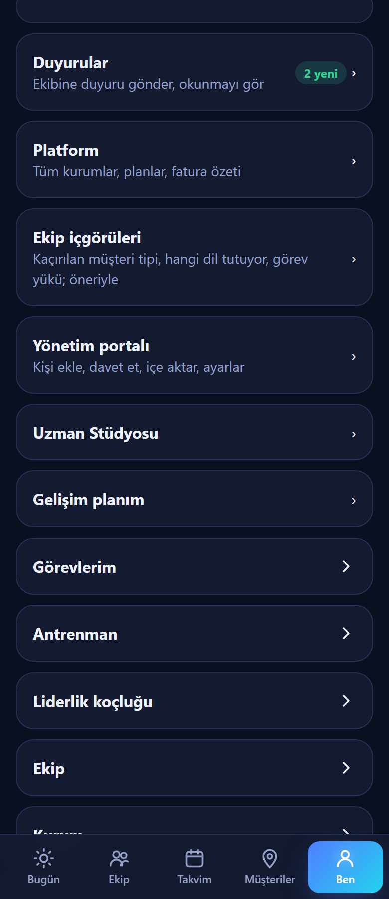 Ben sekmesindeki kartlar